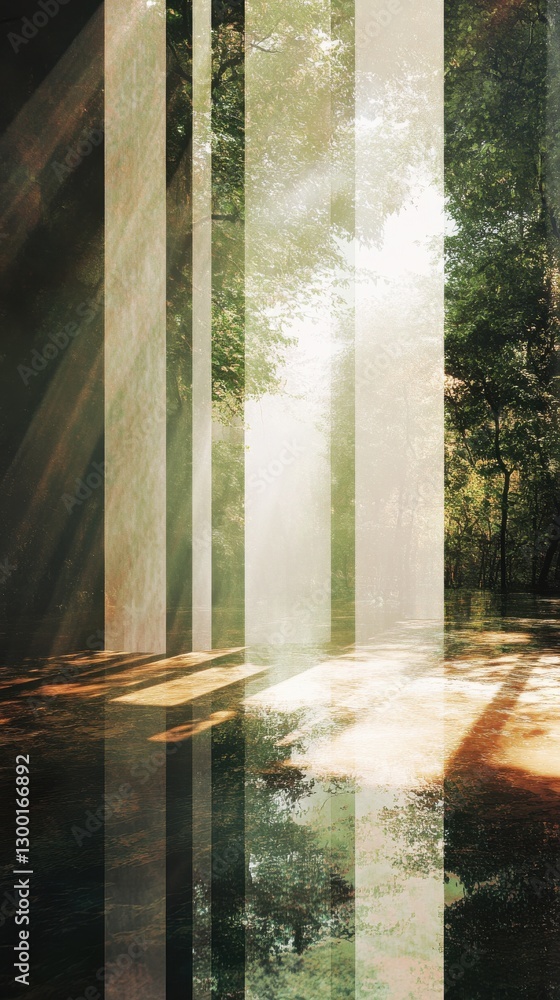 Poster forest-inspired art showcasing earthy green hues and sunlight filtering through trees at dawn in a t