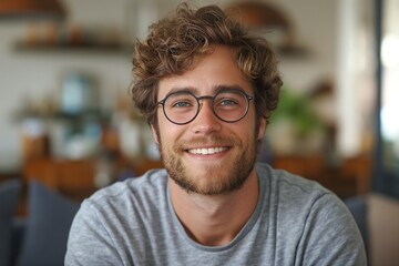 Obraz premium A smiling young Caucasian man with curly hair and glasses, exuding warmth and confidence in a cozy indoor setting.