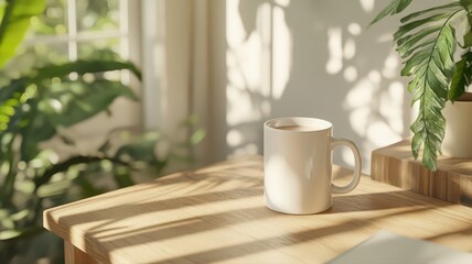 Sunlit Coffee Mug on Wooden Table Among Greenery