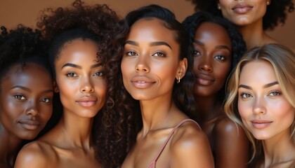Diverse group of beautiful women features natural beauty, glowing smooth skin. Fashion models of races display great skincare, various tones, styles. Multi-ethnic, multiracial females present