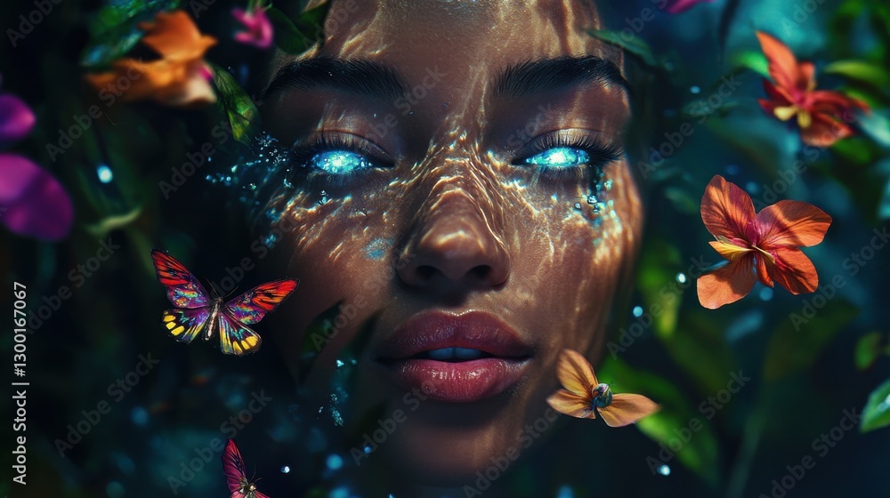 Poster merging of a woman's face with vibrant flowers and butterflies creating a mystical blend of nature a