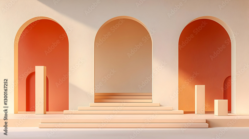 Poster peach toned architectural design with arched openings steps and columnar elements under soft sunligh