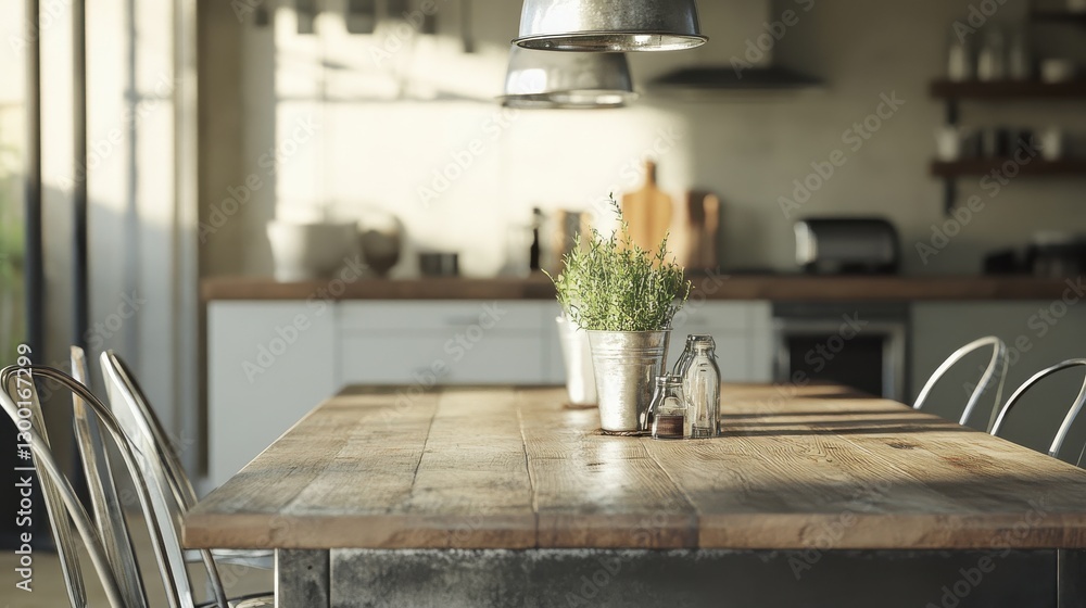 Poster dining area featuring reclaimed wood table with plants in rustic setting during daylight
