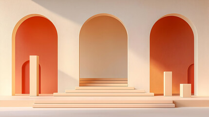 Peach Toned Architectural Design with Arched Openings Steps and Columnar Elements under Soft Sunlight