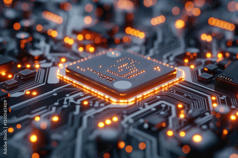 Aufkleber close-up of a futuristic microchip surrounded by glowing circuitry, showcasing advanced technology i