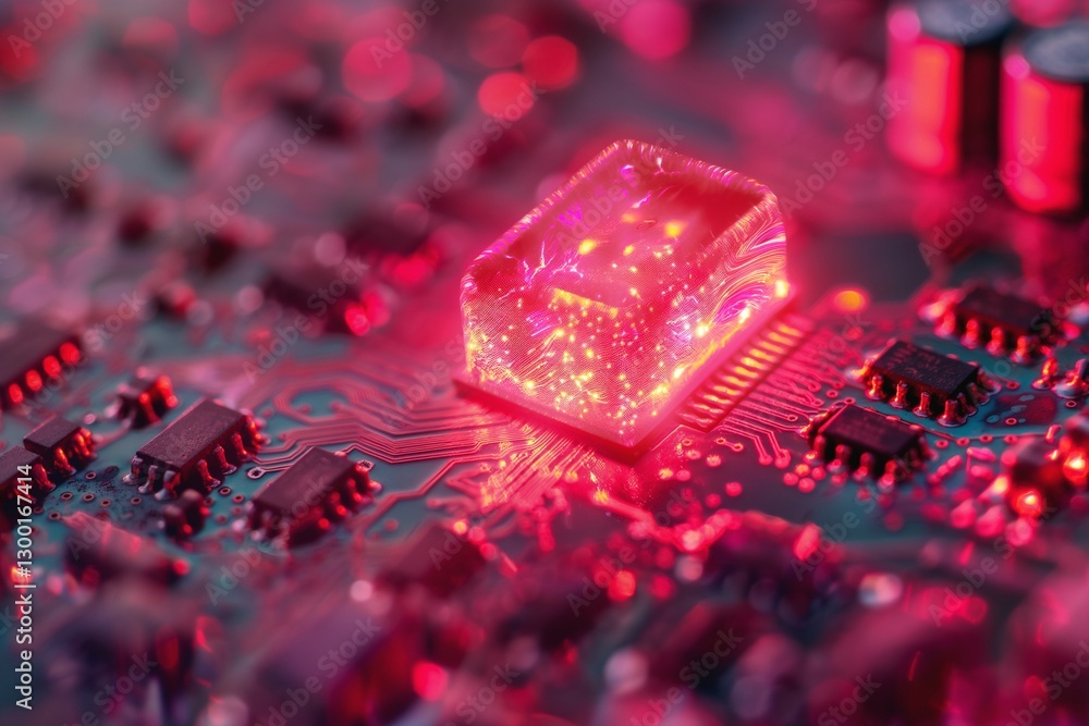 Aufkleber close-up of a vibrant microchip with glowing red lights, showcasing advanced technology and intricat