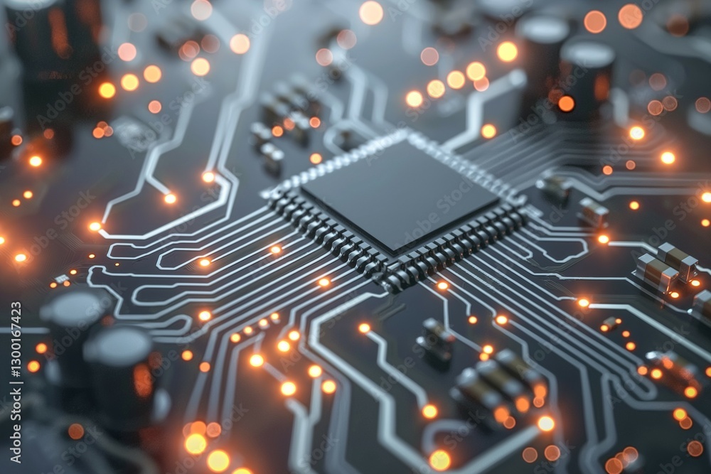 Aufkleber close-up of a microchip on a circuit board, showcasing intricate connections and glowing elements.