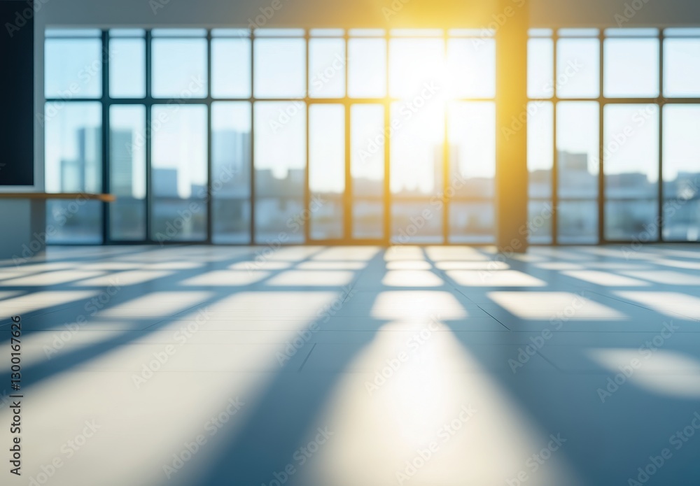 Poster bright sunlight streaming through large windows in modern workspace creating beautiful shadow patter