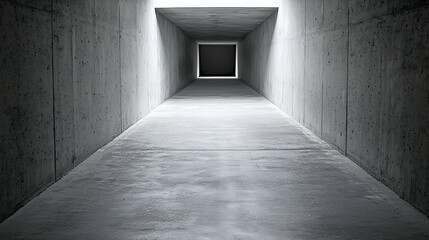Long Gray Concrete Tunnel Interior with Light at the End