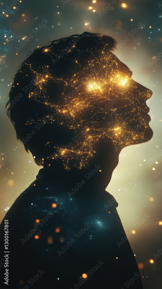 Poster Conceptual visualization of a man's profile showcasing interconnected neural patterns and luminous connections