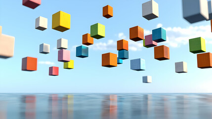 Floating Colorful Cubes Above Reflective Water Surface Against Blue Sky