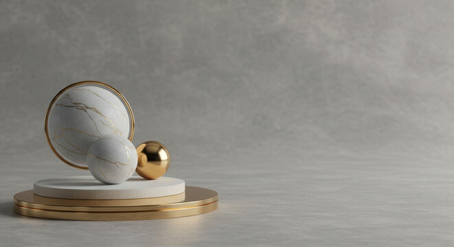 A set of three white and gold balls are arranged on a pedestal. The balls are placed in a way that they appear to be floating in midair. Concept of elegance and sophistication
