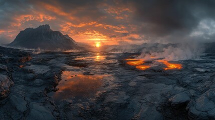Volcanic Landscape at Sunset, dramatic sky and texture
