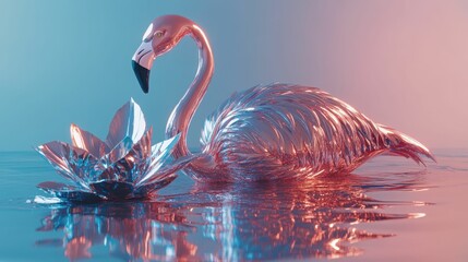 Elegant Chrome Flamingo with Lotus in Water Reflection