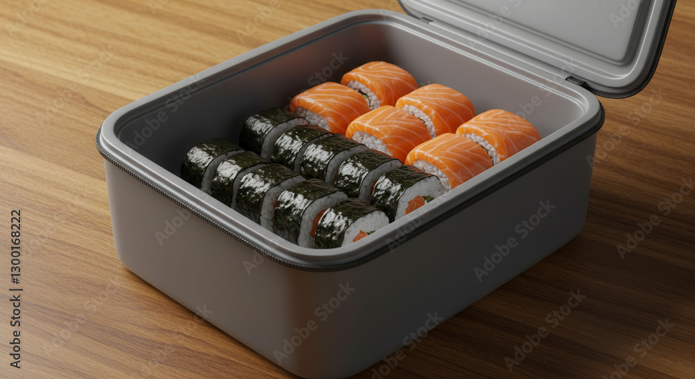 Poster a box of sushi sits on a wooden table. the sushi is arranged in a way that makes it look like a meal