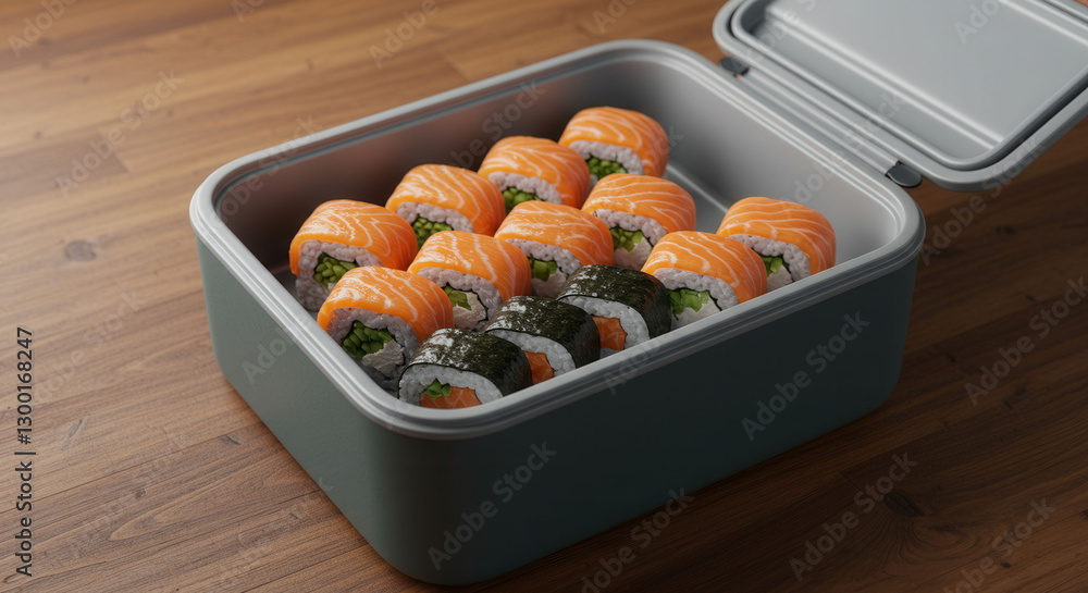 Poster a box of sushi sits on a wooden table. the sushi is arranged in a way that makes it look like a meal