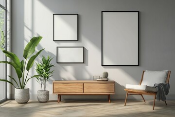 Serene Minimalist Living Room: Light, Plants, and Empty Frames