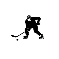 Simple Black and White Silhouette of a Hockey player skating towards puck in a competitive game on the ice rink