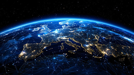 Obraz premium Night View Of Earth From Space Showing City Lights And Blue Atmospheric Glow