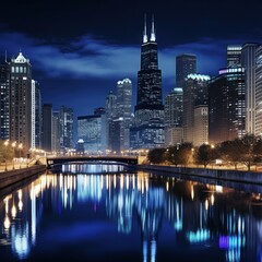 Obraz premium Cityscape night river reflection skyscrapers travel