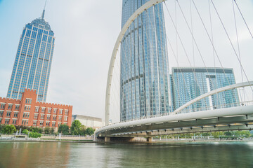 Fototapeta premium The urban architectural skyline, modern bridges, and Haihe River scenery of Tianjin, China on August 11, 2024