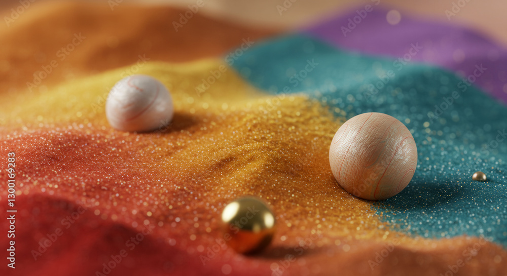 Poster a colorful sand surface with three small round objects on it. the objects are gold and silver and ar
