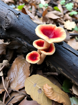 Sarcoscypha austriaca - a saprobic rare nonedible fungus known as the scarlet elfcup. Beige mushroom cups scarlet inside growing on a fallen tree branch between rotten leaves. Early spring in woods.