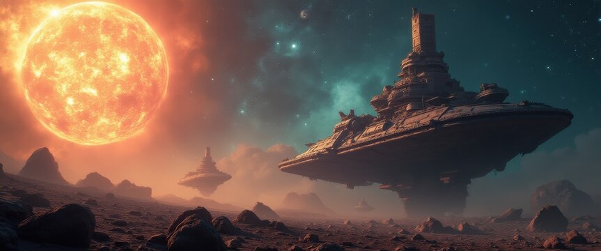 Vast galactic battlefield with imposing spacecraft under a radiant sun in a cosmic setting