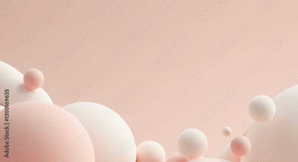Poster a close up of a pink and white background with a few white spheres. the spheres are arranged in a wa