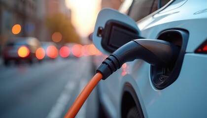 Close-up of electric car charging at public station with orange cable. Eco vehicle plugged in charger. Blurred city lights background. Sustainable energy transportation, urban mobility, future tech