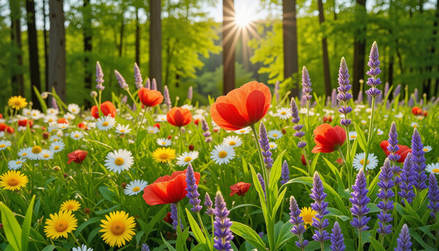 Vibrant wildflower field in full bloom under soft sunlight, celebrating nature's beauty - Powered by Adobe