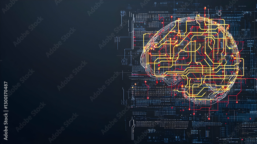Poster abstract digital brain circuit depiction on blue background representing artificial intelligence and