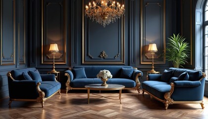 19th century interior with luxury furniture blue sofas, armchairs with golden ornaments. Dark stucco walls with gilded frames. Wooden parquet floor. Elegant chandelier. Concept for history, art,