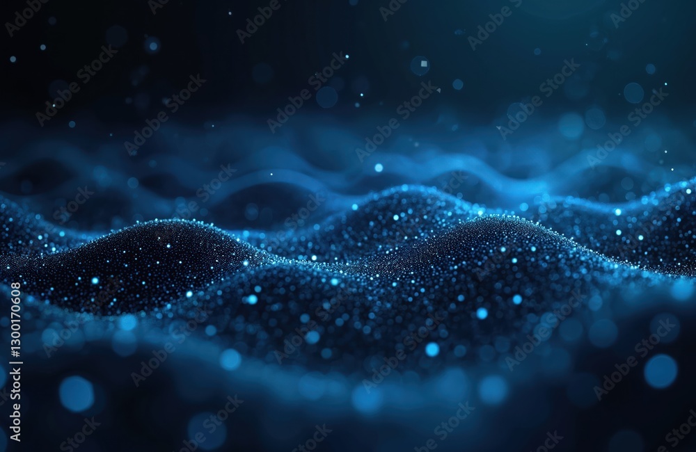 Poster monochromatic digital artwork shows network in blue shades on dark blue background. image include bo