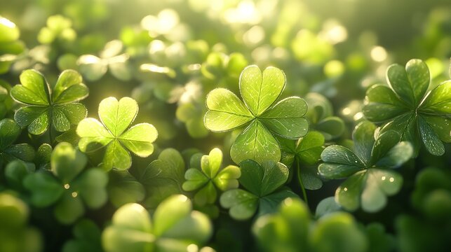 Close-Up View of Fresh Green Clover Plants Bathed in Soft Light