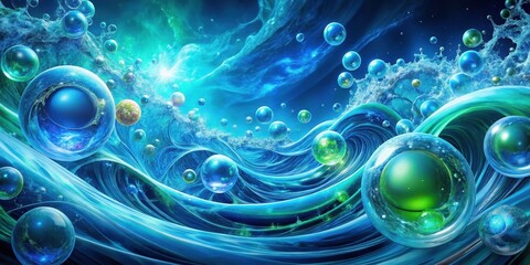 Blue water molecules in a swirling abstract background with neon blue and green hues, forming a mesmerizing pattern of shapes and waves , natural elements, oceanic art