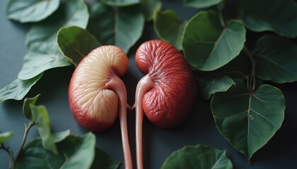 Cinematic view of dual kidneys surrounded by green leaves showcasing organic textures and shapes