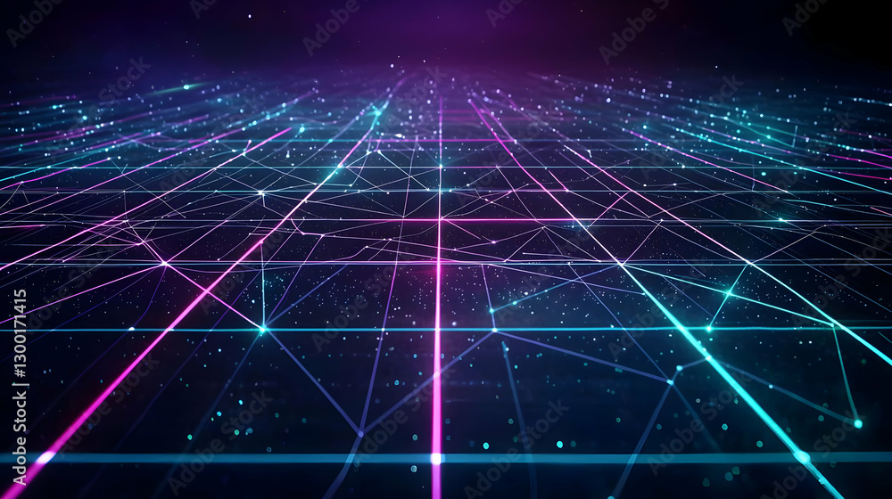 Poster abstract digital network visualization with blue and purple lines connecting dots and creating grid 