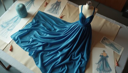 Cinematic view of a striking fashion design showcasing a flowing blue dress on a dress form in a creative workspace