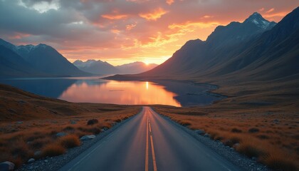 Breathtaking sunset over a serene lake with mountains in the background and winding road leading towards the horizon