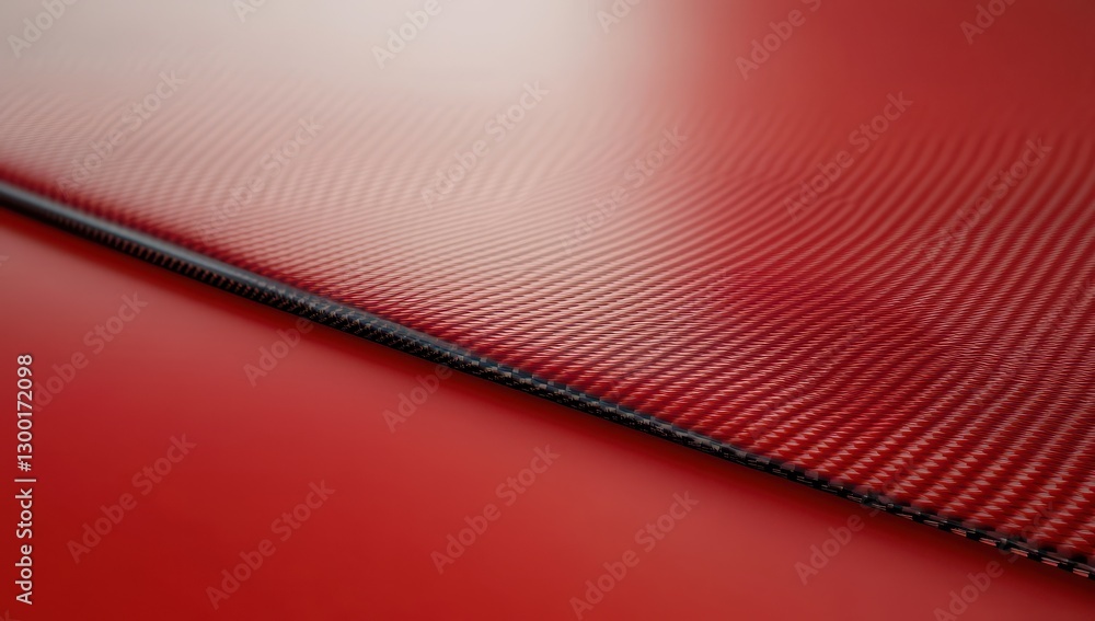 Poster close-up of smooth red surface with textured carbon fiber pattern and curved lines reflecting light 