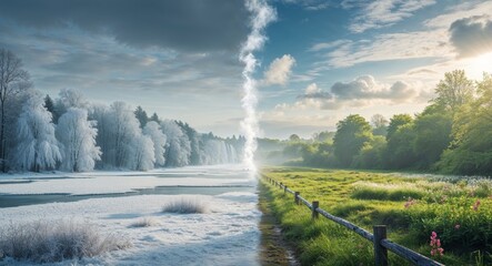 Fototapeta premium Winter meets spring in a divided field showing climate change and global warming.
