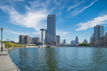 Fototapeta premium The urban architectural skyline, modern bridges, and Haihe River scenery of Tianjin, China on August 11, 2024