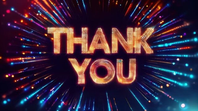 Close-up of a thank you sign with a colorful neon background, glowing letters radiating vibrant light, electric hues blending in a dynamic glow, concept of gratitude, appreciation, positive energy

