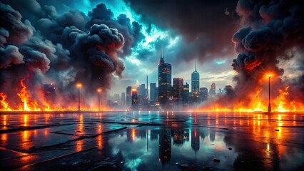 Fototapeta premium Dark clouds of smoke and flames rise over a cityscape at night, with neon lights reflecting off the wet pavement