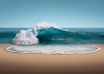 Fototapeta premium Ocean's Embrace: A powerful wave crashes onto the golden shore, its turquoise heart visible, forming a picturesque scene of nature's raw power.