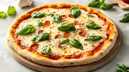 Margherita pizza with fresh basil, embodying simplicity and authentic Italian flavors.

