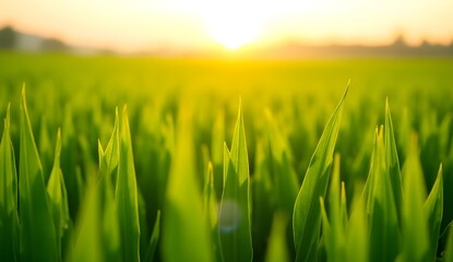 Fototapeta premium Vast field of young green crops reaching toward the sky under golden sunlight