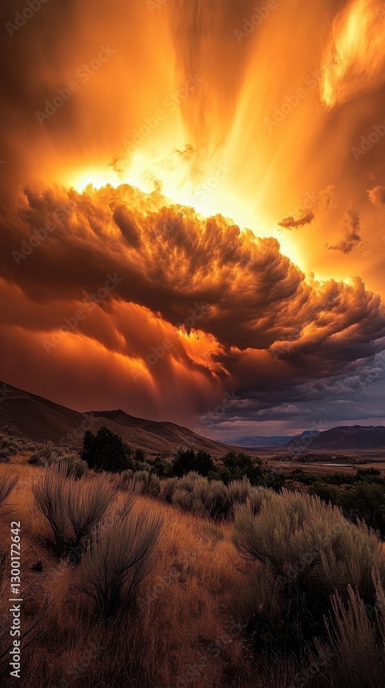 Poster dynamic light rays breaking through storm clouds. light rays breaking through stormy clouds. vertica