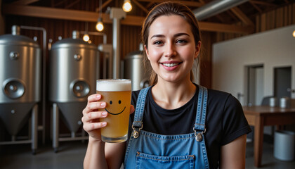 Cheerful young woman brewer holding pint glass with smiley face, modern brewery setting, International Women’s Collaboration Brew Day